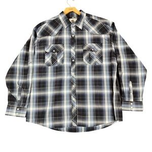Coevals Club Mens XXL Western Snap Shirt‎ Blue Black Plaid Roll Tab Long Sleeve